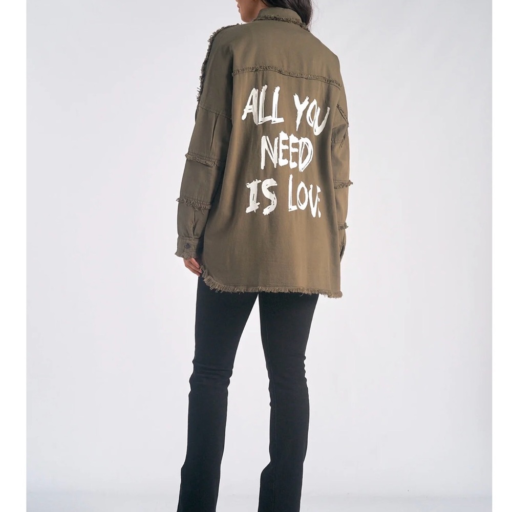 Women’s Olive Green Graphic Long Jacket - All You Need Is Love - Picture 6 of 10